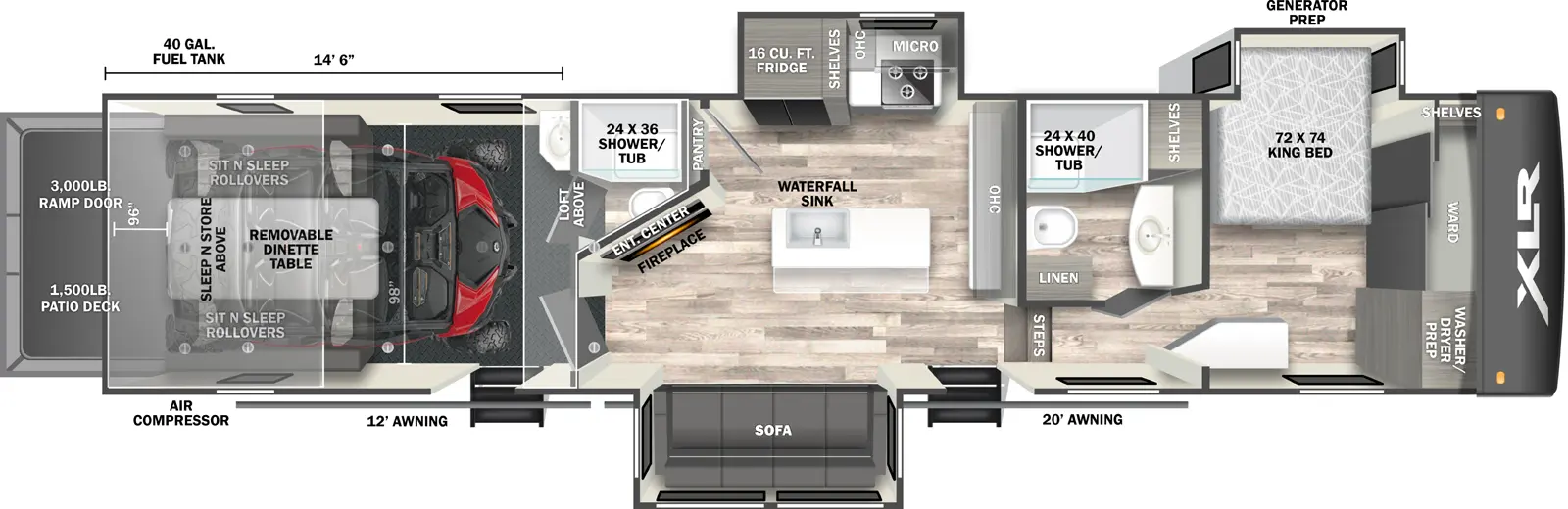 The XLR Nitro 39G15 floorplan is a toy hauler that has one entry and three slide outs. Exterior features include: fiberglass exterior and 12' & 20' awning. Interiors features include: loft, kitchen island, front bedroom and bathroom and a half.